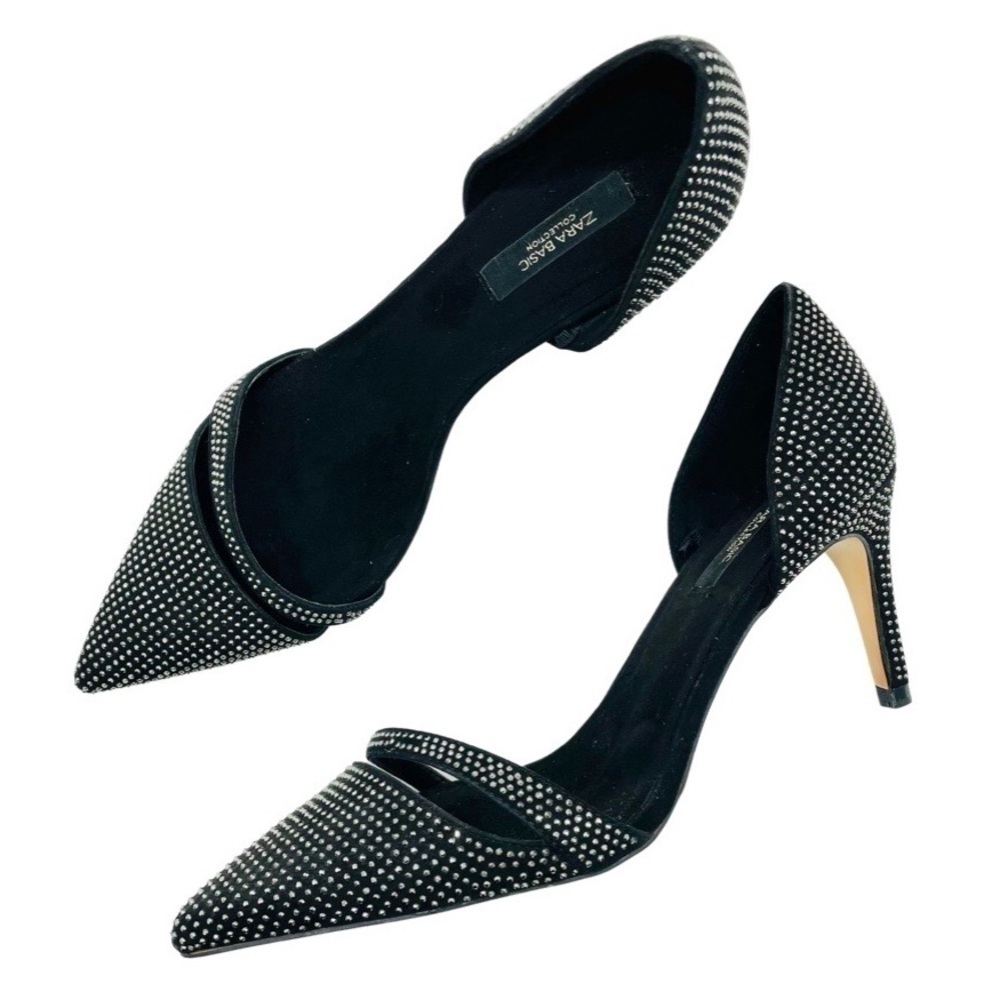 Zara Black Velvet Studded Cutout Heels, Sz EU 39
